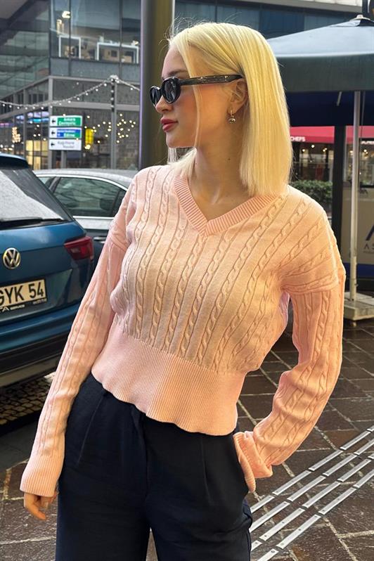 MDX Pink V Neck Braided Knit Women's Sweater MG2258 - Korschenbroich