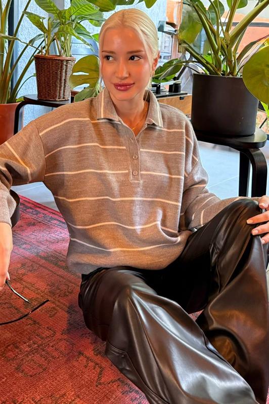 MDX Gri Çizgili Polo Yaka Kadın Triko Kazak MG2470 - Tuttlingen