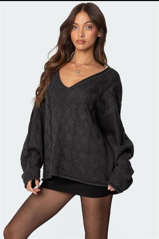 MDX Anthracite V-Neck Knitted Pattern Oversized Women's Sweater Mg2519 - Woolwich