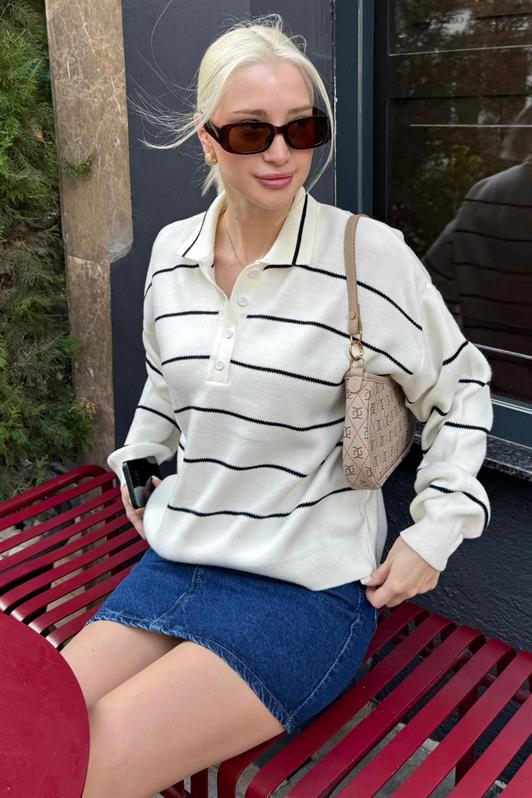 MDX Kemik Rengi Çizgili Polo Yaka Kadın Triko Kazak MG2470 - Maricopa