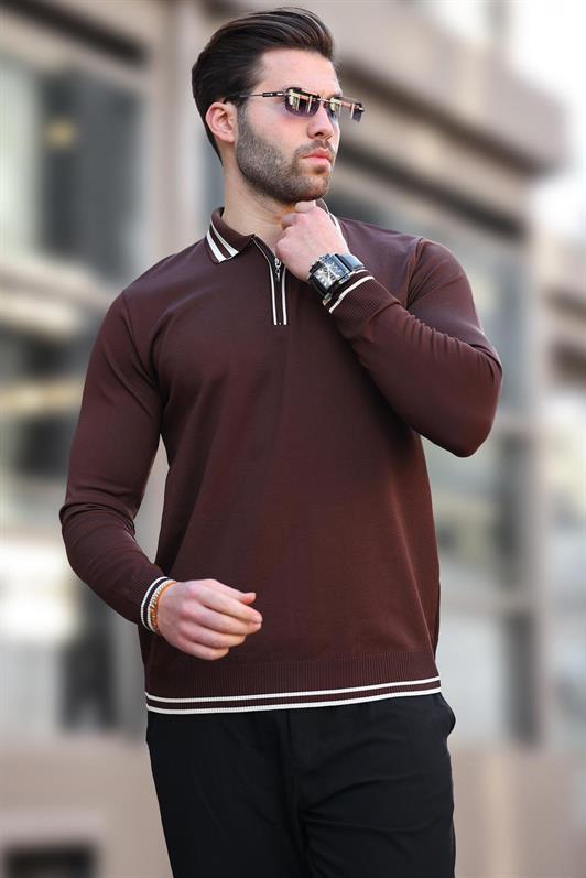 MDX Brown Zip Neckline Striped Detail Men's Sweater E7290 - Altamura