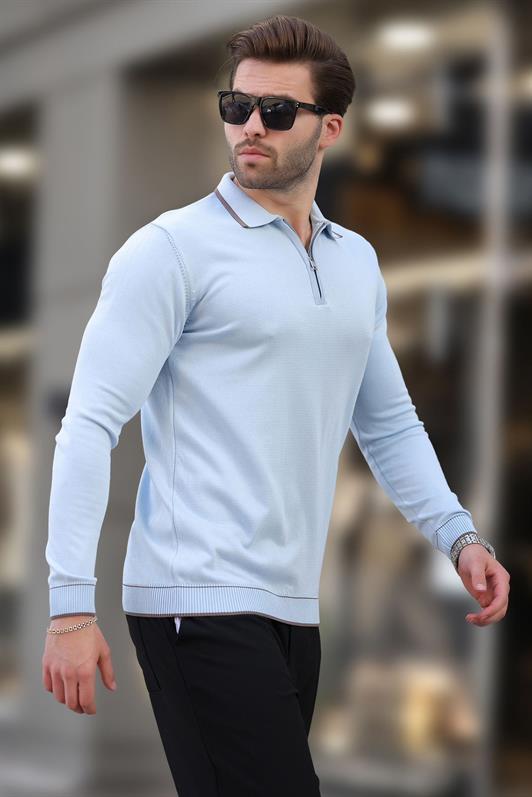 MDX Blue Zippered Polo Collar Sweater with Striped Detail Long Sleeves 7267 - Bristol