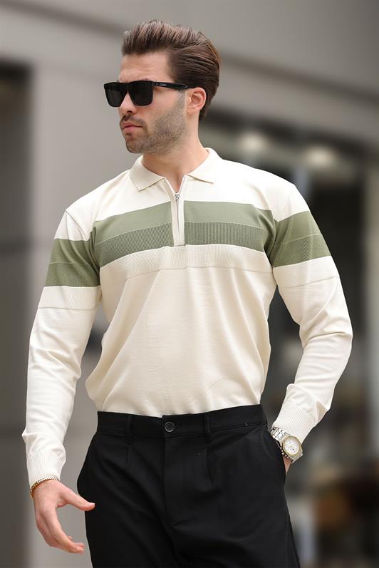 MDX Beige Zippered Polo Collar Striped Long Sleeve Sweater E7288 - Iormughanlo