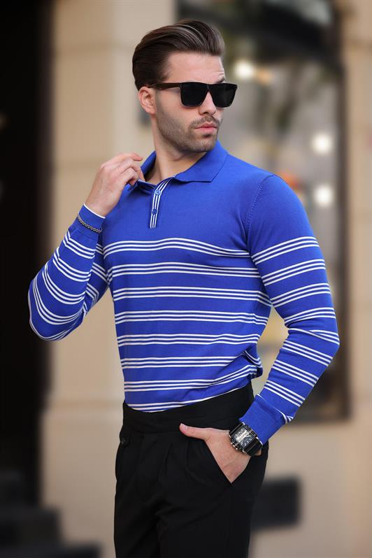 MDX Saks Buttoned Polo Neck Striped Long Sleeve Sweater 7270 - Guadalupe