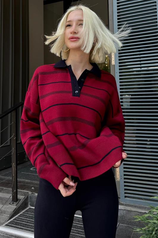 MDX Bordo Çizgili Polo Yaka Kadın Kazak Mg2476 - Swindon