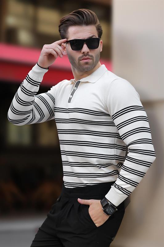 MDX White Buttoned Polo Neck Striped Long Sleeve Sweater 7270 - South Gate