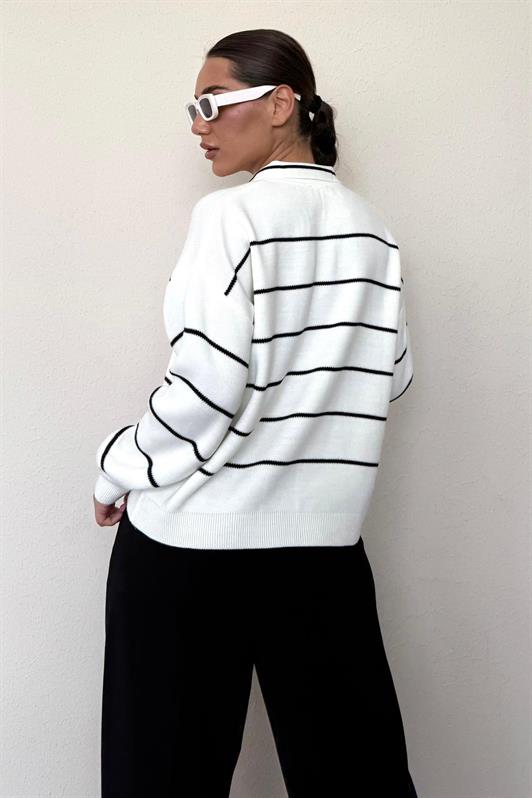 MDX Kemik Rengi Çizgili Polo Yaka Kadın Triko Kazak MG2470 - Maricopa