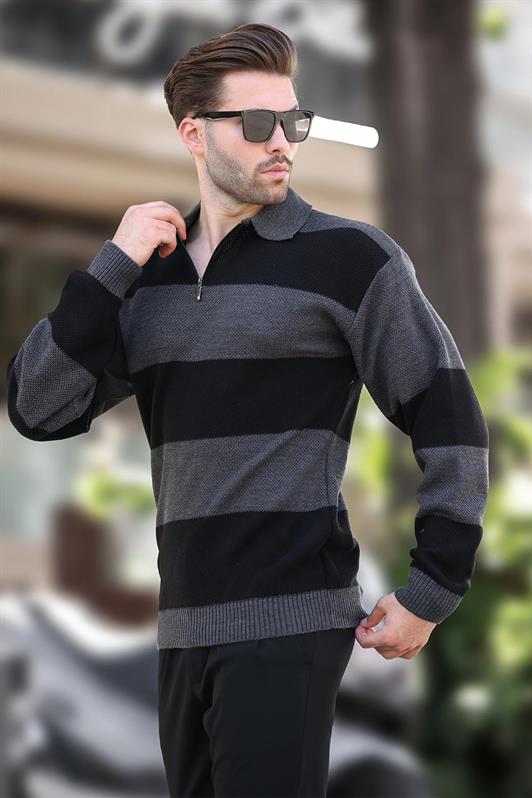 MDX Anthracite Zip Neck Color Block Long Sleeve Sweater 7280 - Paisley