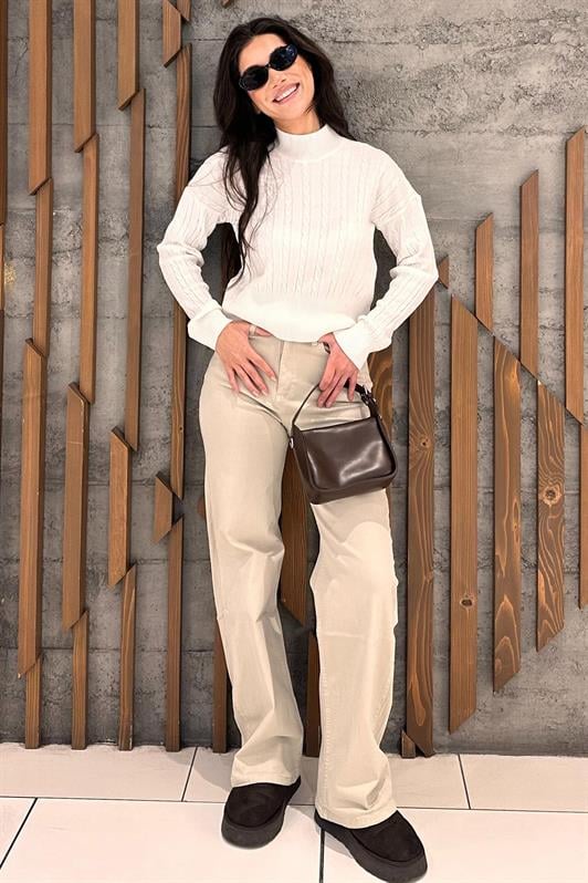 MDX Bone Color Half Fisherman Collar Braided Knit Women's Sweater MG2257 - Padova