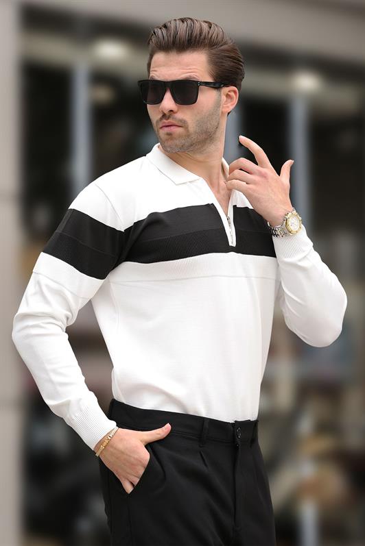 MDX White Zippered Polo Collar Striped Long Sleeve Sweater E7288 - Antony