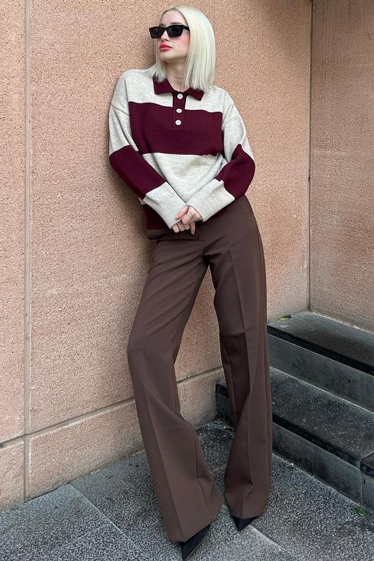 MDX Burgundy Buttoned Polo Neck Striped Women's Sweater Mg2286 - Montclair
