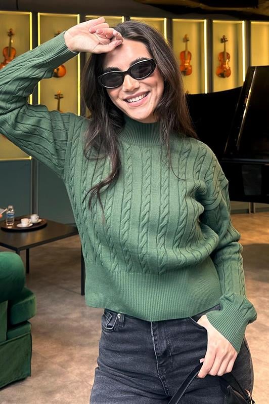 MDX Green Half Fisherman Collar Braided Knit Women's Sweater MG2257 - Greensboro