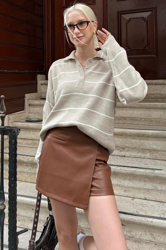 MDX Bej Çizgili Polo Yaka Kadın Triko Kazak MG2470 - Noisy-le-Sec