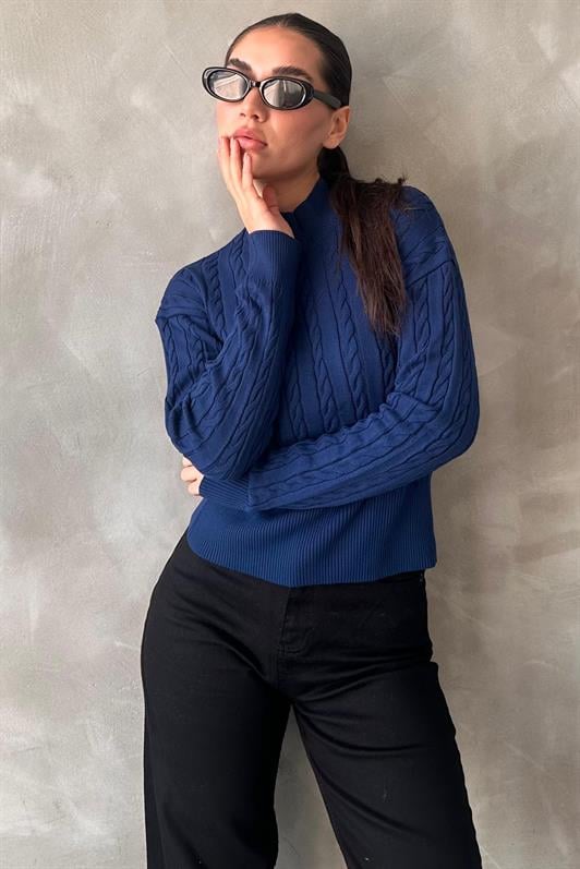 MDX Indigo Half Fisherman Collar Braided Knit Women's Sweater MG2257 - Bay City