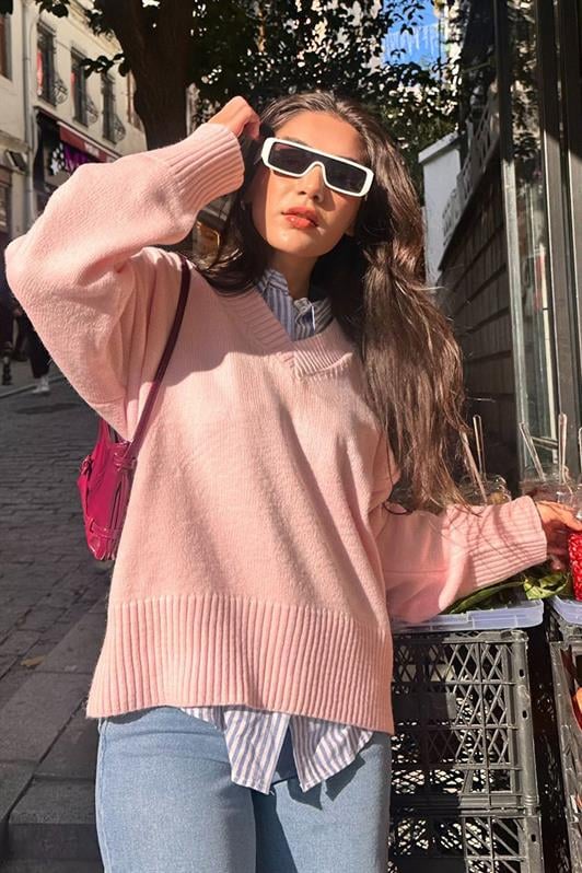 MDX Pink V-Neck Oversized Women's Sweater MG2149 - Citrus Heights