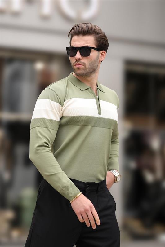 MDX Haki Zippered Polo Neck Striped Long Sleeve Sweater E7288 - Williamsburg