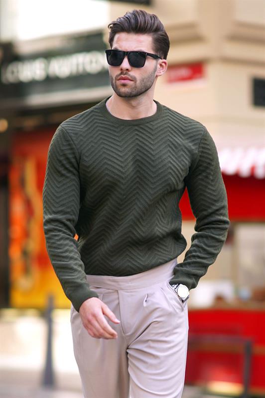 MDX Haki Bicycle Collar Fishbone Patterned Long Sleeve Knit Sweater 7219 - Wheaton