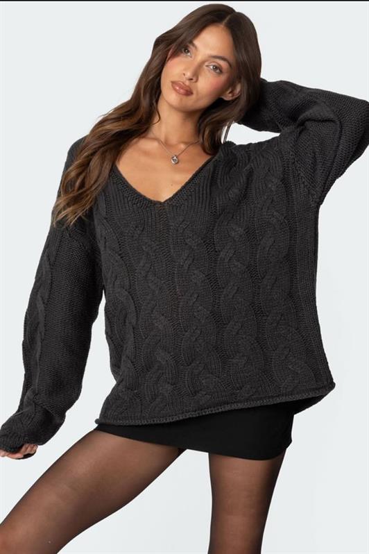 MDX Antrasit V Yaka Örgü Desen Oversize Kadın Kazak Mg2519 - Isla