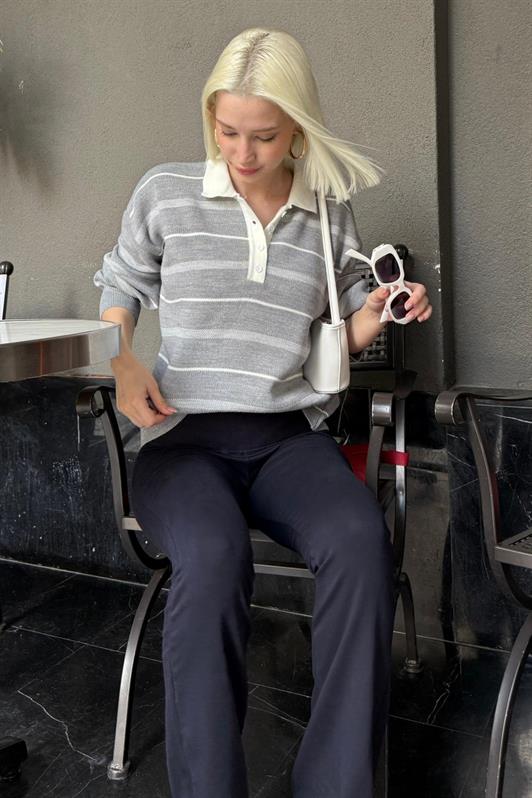 MDX Gri Çizgili Polo Yaka Kadın Kazak Mg2476 - Ludwigsburg