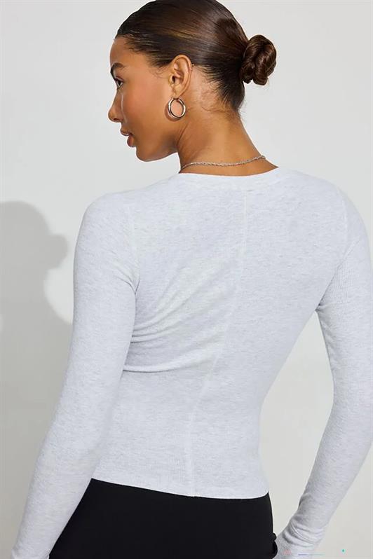 MDX Gray V Neck Long Sleeve Button Detail Bodysuit MG2194 - Toledo