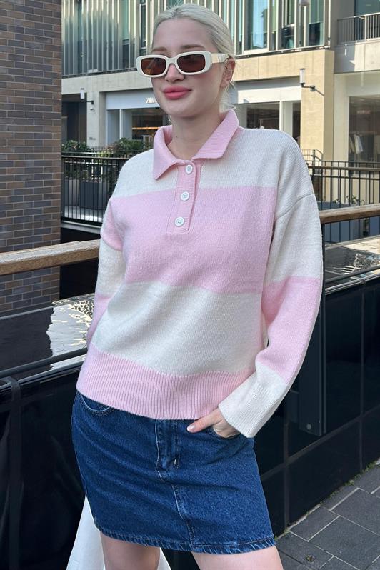 MDX Pink Buttoned Polo Neck Striped Women's Sweater Mg2286 - The Villages