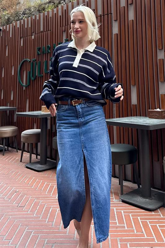 MDX Lacivert Çizgili Polo Yaka Kadın Kazak Mg2476 - Ixtapaluca