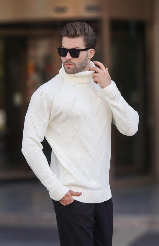 MDX Ecru Turtleneck Long Sleeve Patterned Knit Sweater 7279 - Frosinone