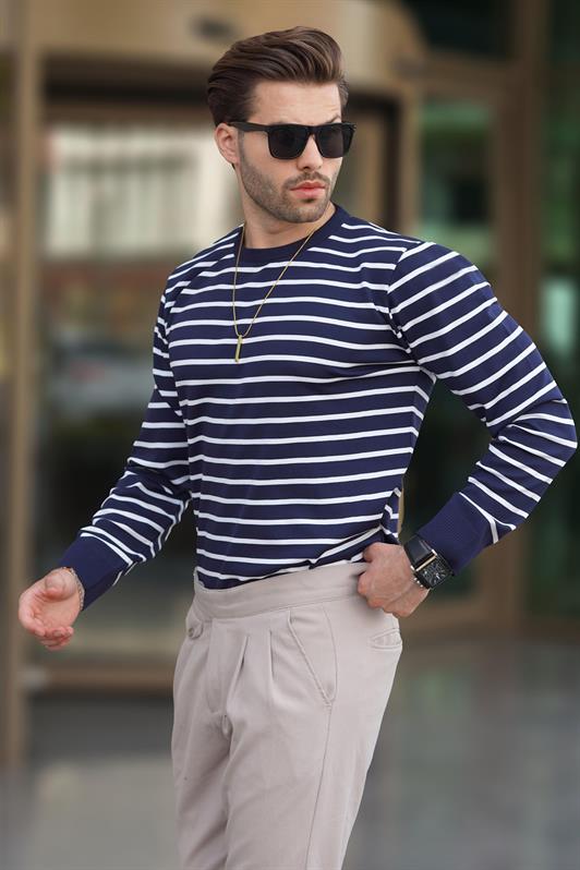 MDX Navy Blue Striped Sweater with Bicycle Neckline 7241 - Kempen
