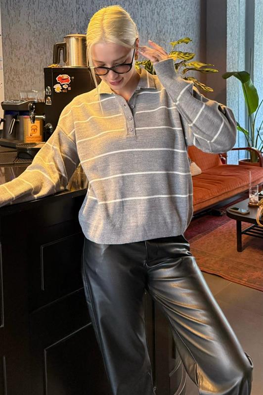 MDX Gri Çizgili Polo Yaka Kadın Triko Kazak MG2470 - Tuttlingen