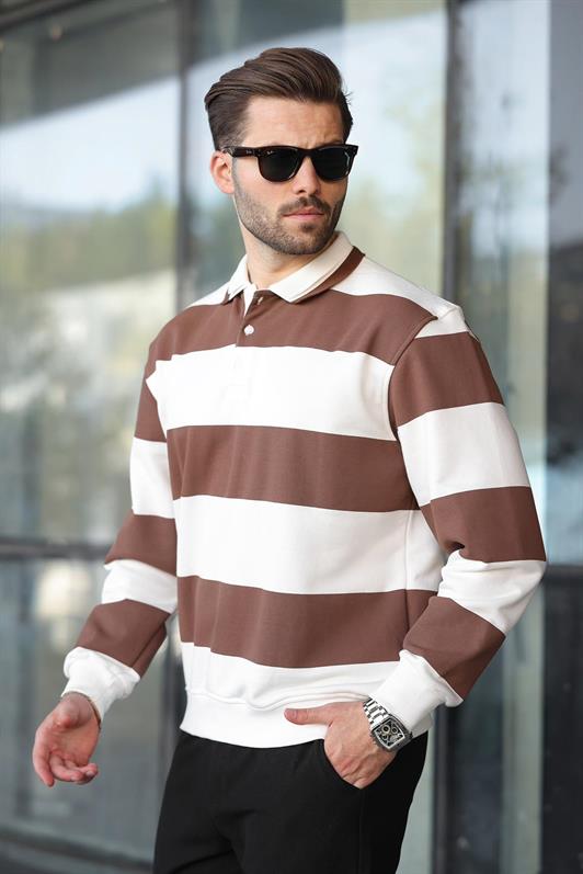 MDX Brown Striped Polo Neck Men's Sweater E7173 - Ampelókipoi