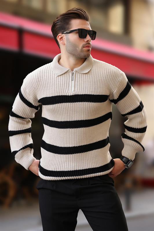 MDX Beige Zippered Polo Collar Striped Long Sleeve Sweater 7283 - Vannes