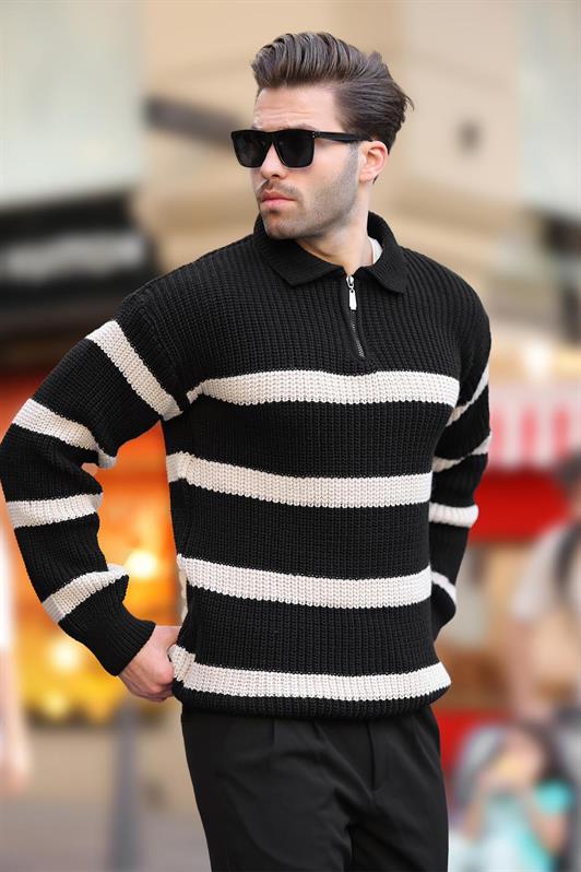 MDX Black Zippered Polo Collar Striped Long Sleeve Sweater 7283 - The Colony