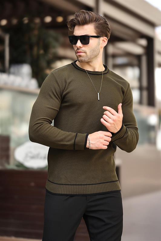 MDX Haki Bicycle Collar Striped Detailed Long Sleeve Knit Sweater 7245 - Béziers