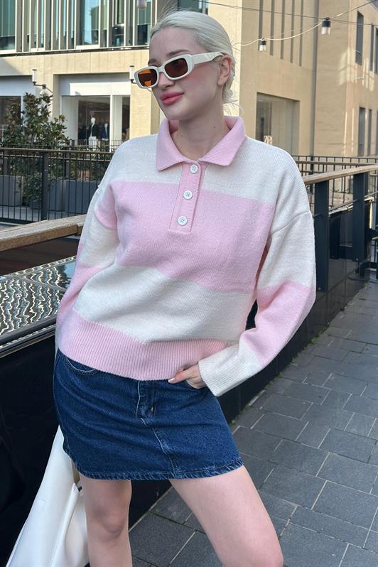MDX Pink Buttoned Polo Neck Striped Women's Sweater Mg2286 - The Villages
