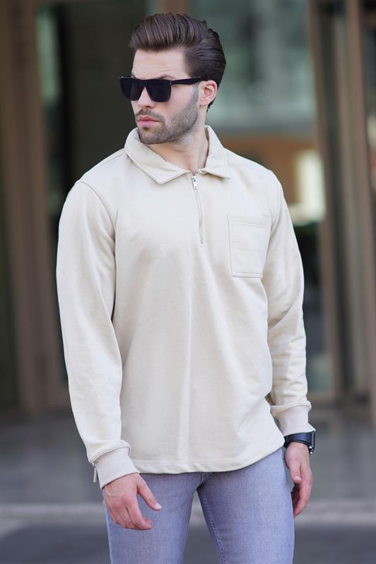 MDX Beige Polo Neck Zippered Long Sleeve Men's Sweatshirt 7057 - Tustin