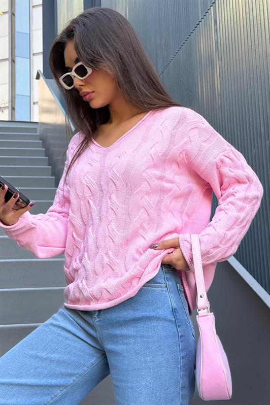 MDX Pembe V Yaka Örgü Desen Oversize Kadın Kazak Mg2519 - Brasschaat