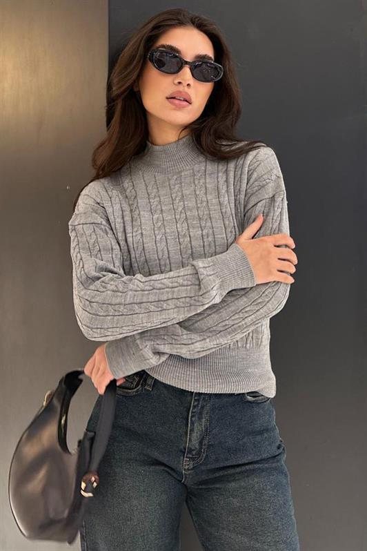 MDX Gray Half Fisherman Collar Braided Knit Women's Sweater MG2257 - Hayward
