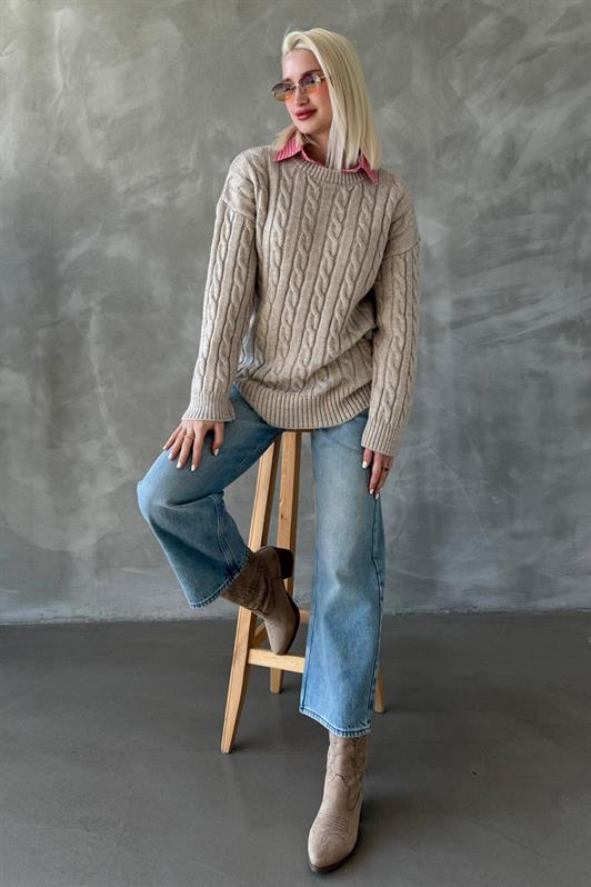 MDX Beige Fisherman Collar Braided Knit Sweater Mg2336 - Polatsk