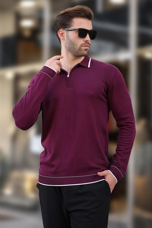 MDX Purple Zippered Polo Collar Sweater with Line Detail Long Sleeve 7267 - Acaxochitlán