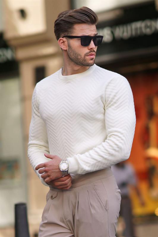MDX White Bicycle Collar Fishbone Patterned Long Sleeve Knit Sweater 7219 - Aves