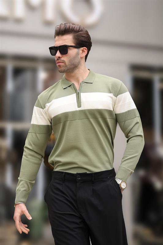 MDX Haki Zippered Polo Neck Striped Long Sleeve Sweater E7288 - Williamsburg