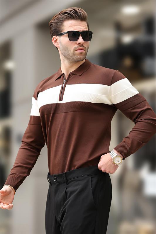 MDX Brown Zippered Polo Neck Striped Long Sleeve Sweater E7288 - Lebanon