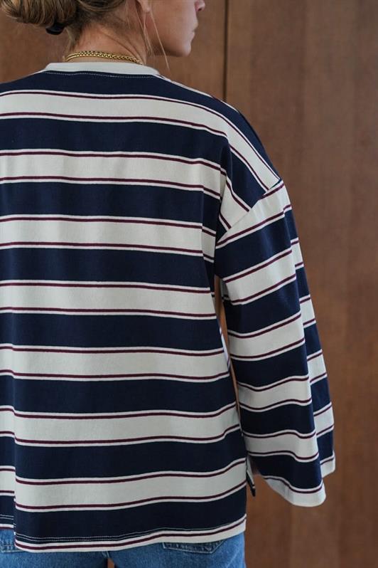 MDX Navy Blue Bicycle Collar 100% Cotton Striped Long Sleeve T-Shirt Mg2362 - Alfortville