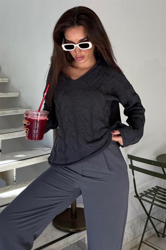 MDX Antrasit V Yaka Örgü Desen Oversize Kadın Kazak Mg2519 - Isla