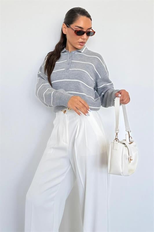 MDX Gri Çizgili Polo Yaka Kadın Triko Kazak MG2470 - Tuttlingen