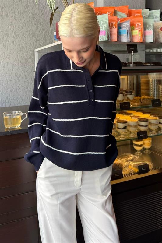 MDX Lacivert Çizgili Polo Yaka Kadın Triko Kazak MG2470 - Fedosiia