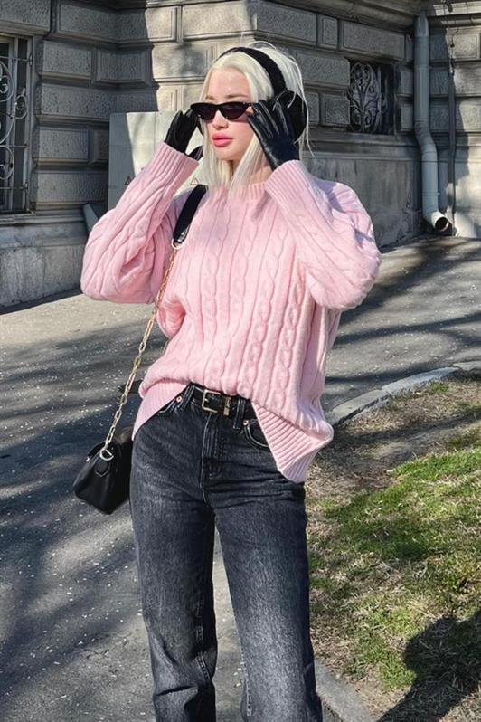 MDX Pink Fisherman Collar Braided Knit Sweater Mg2336 - Melitopol
