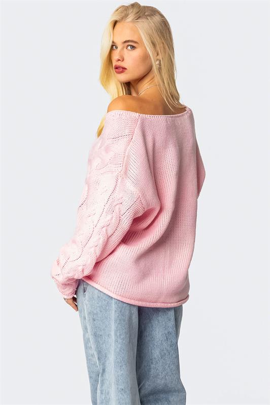 MDX Pembe V Yaka Örgü Desen Oversize Kadın Kazak Mg2519 - Brasschaat