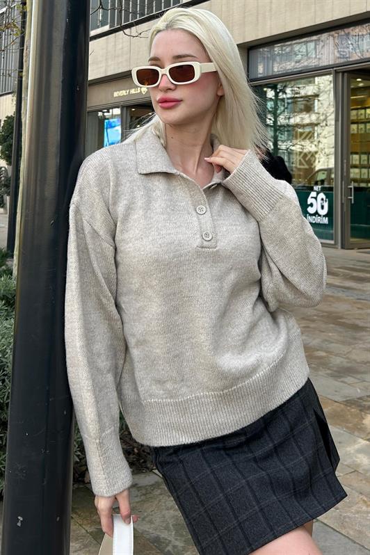 MDX Beige Buttoned Polo Neck Women's Sweater Mg2307 - Villafranca del Panadés