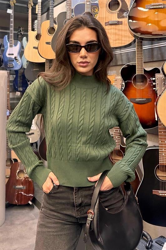 MDX Green Half Fisherman Collar Braided Knit Women's Sweater MG2257 - Greensboro